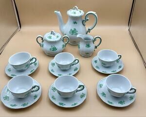 Vintage Zsolnay Pécs Hungary Green Floral 15-Pc Demitasse Espresso Set